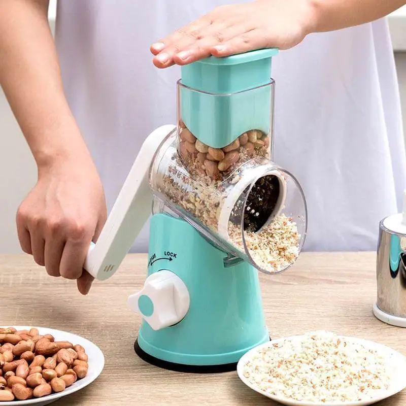 Manual 3 In 1 Rotary Cheese Grater Cheese Shredder Mandoline Stainless Steel Vegetable Slicer With 3 Blades With Suction Base 9